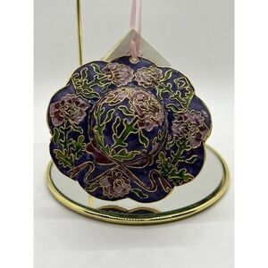 Christmas Ornament Cloisonné Enamel Lady's Sun Hat Purple Flowers Gold Trim